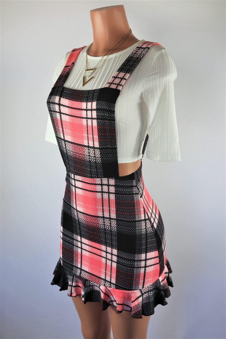 black and white plaid overall dress