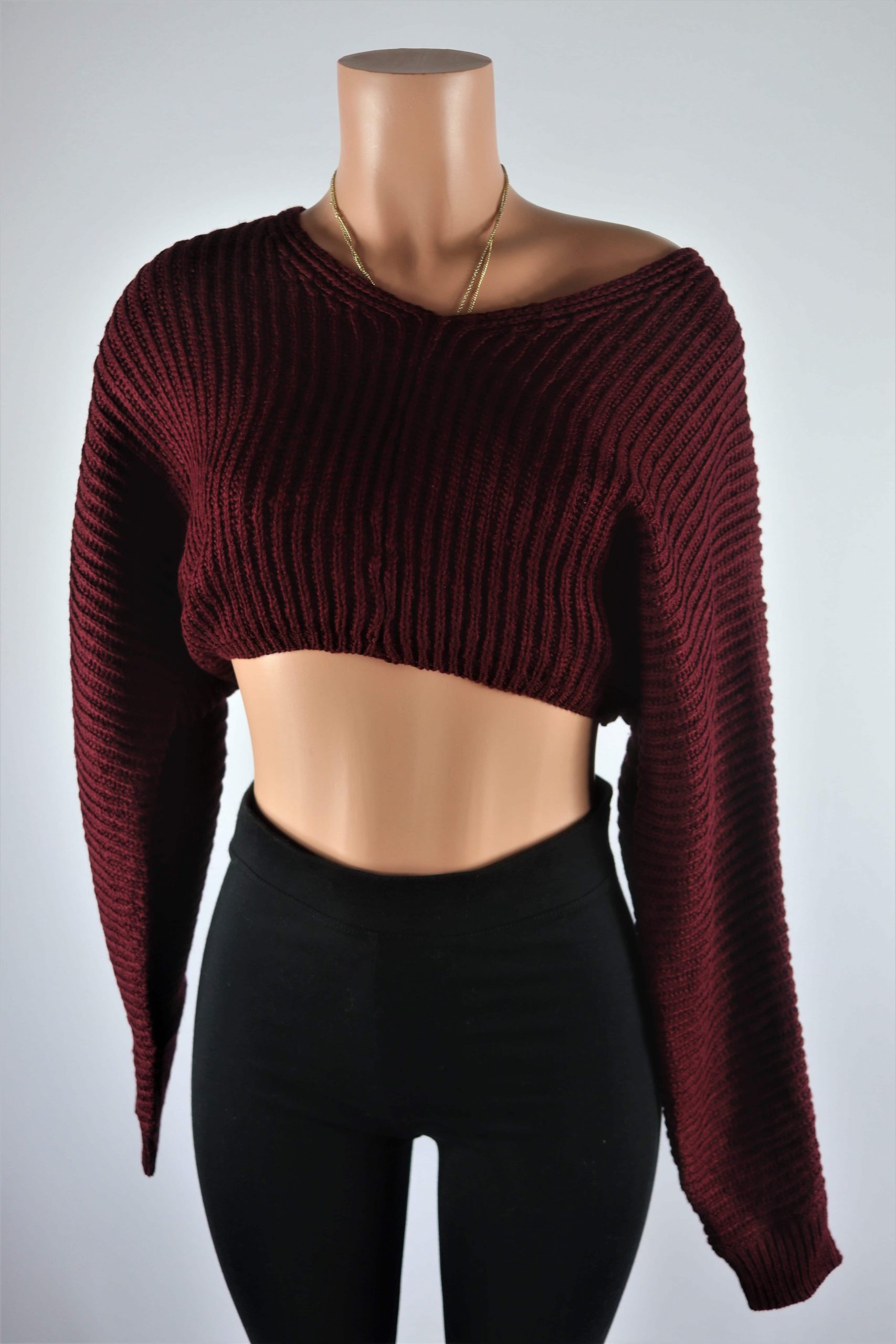 Justice Crop Sweater Burgundy long sleeve knitted crop sweater.