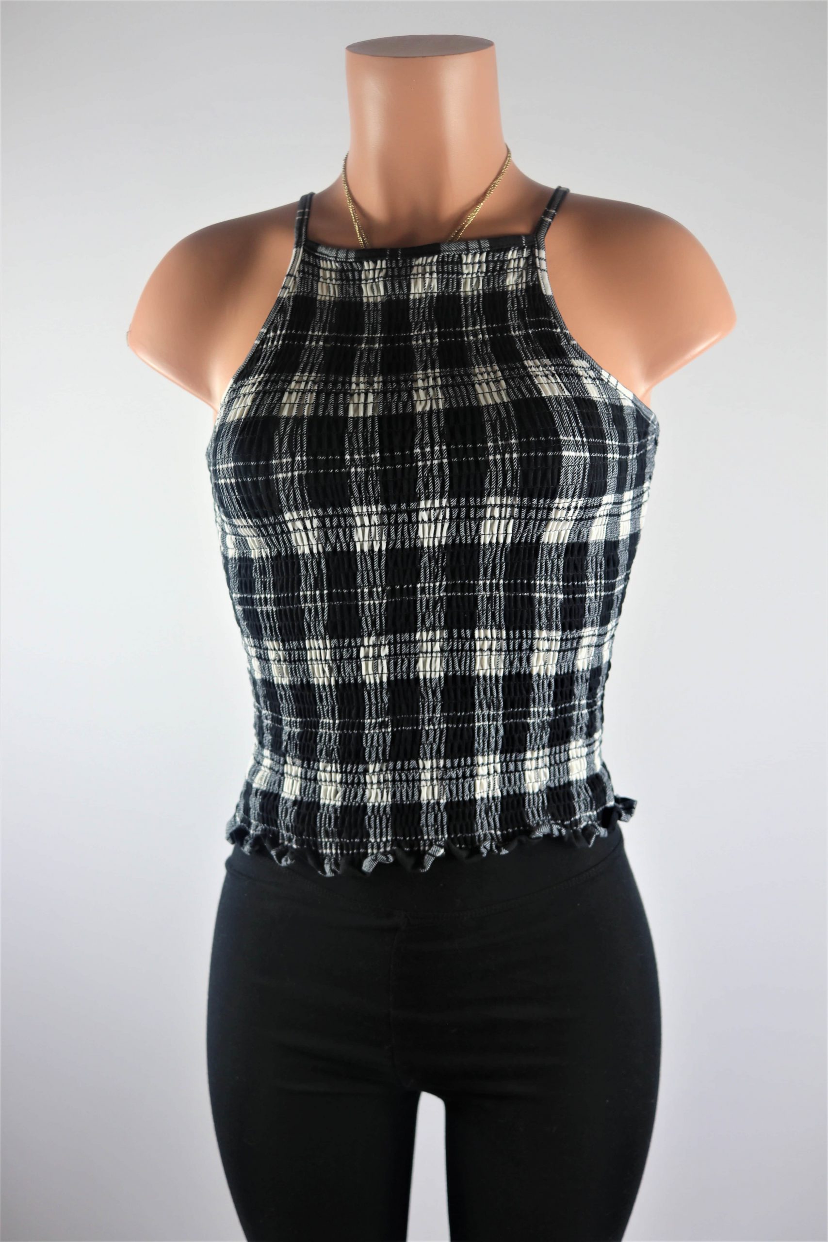 Plaid Tank High neck black and white plaid smocked tank top.