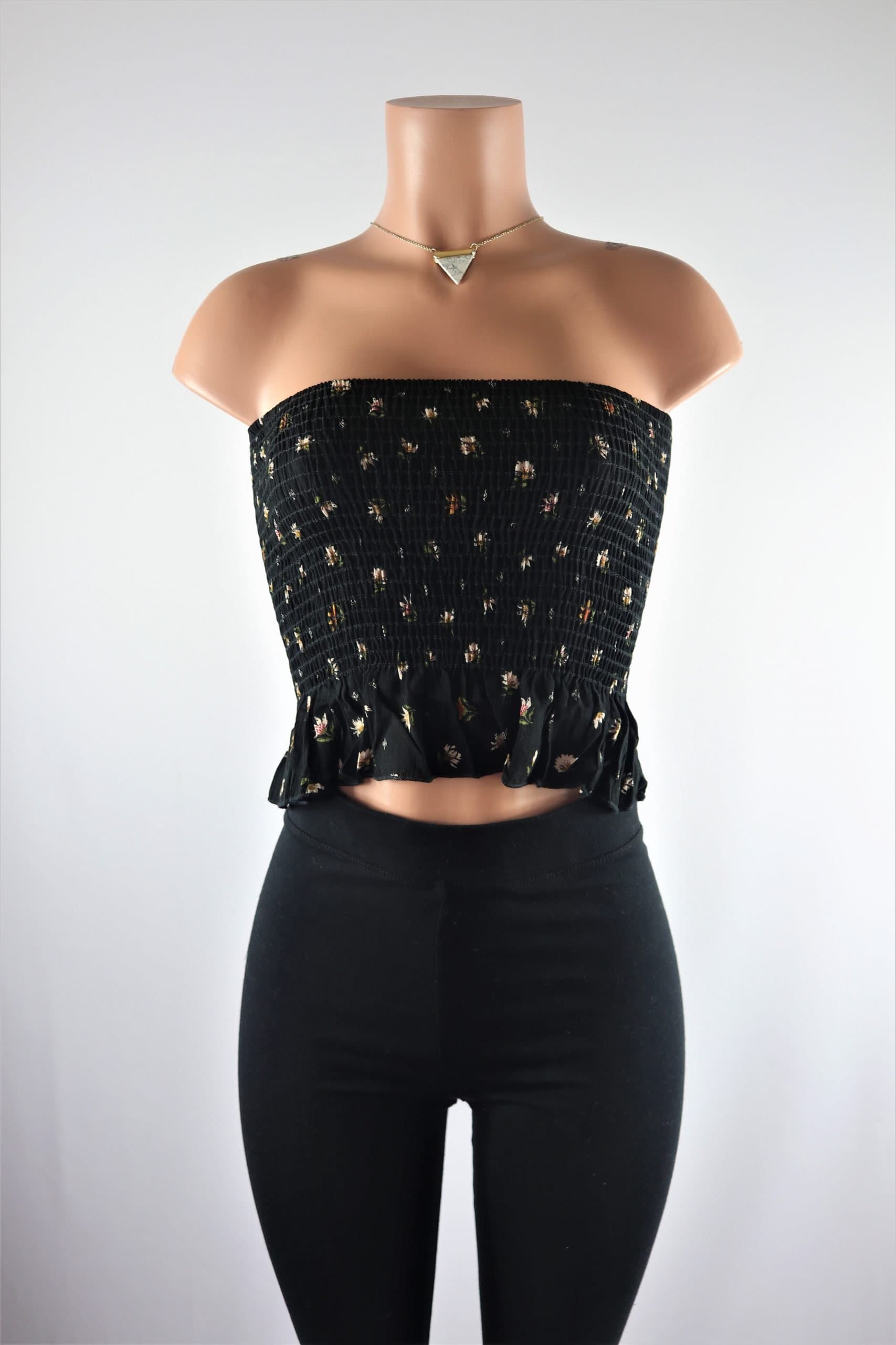 Smocked Tube Top - Black Rust floral ruffled smocked tube top crop top.