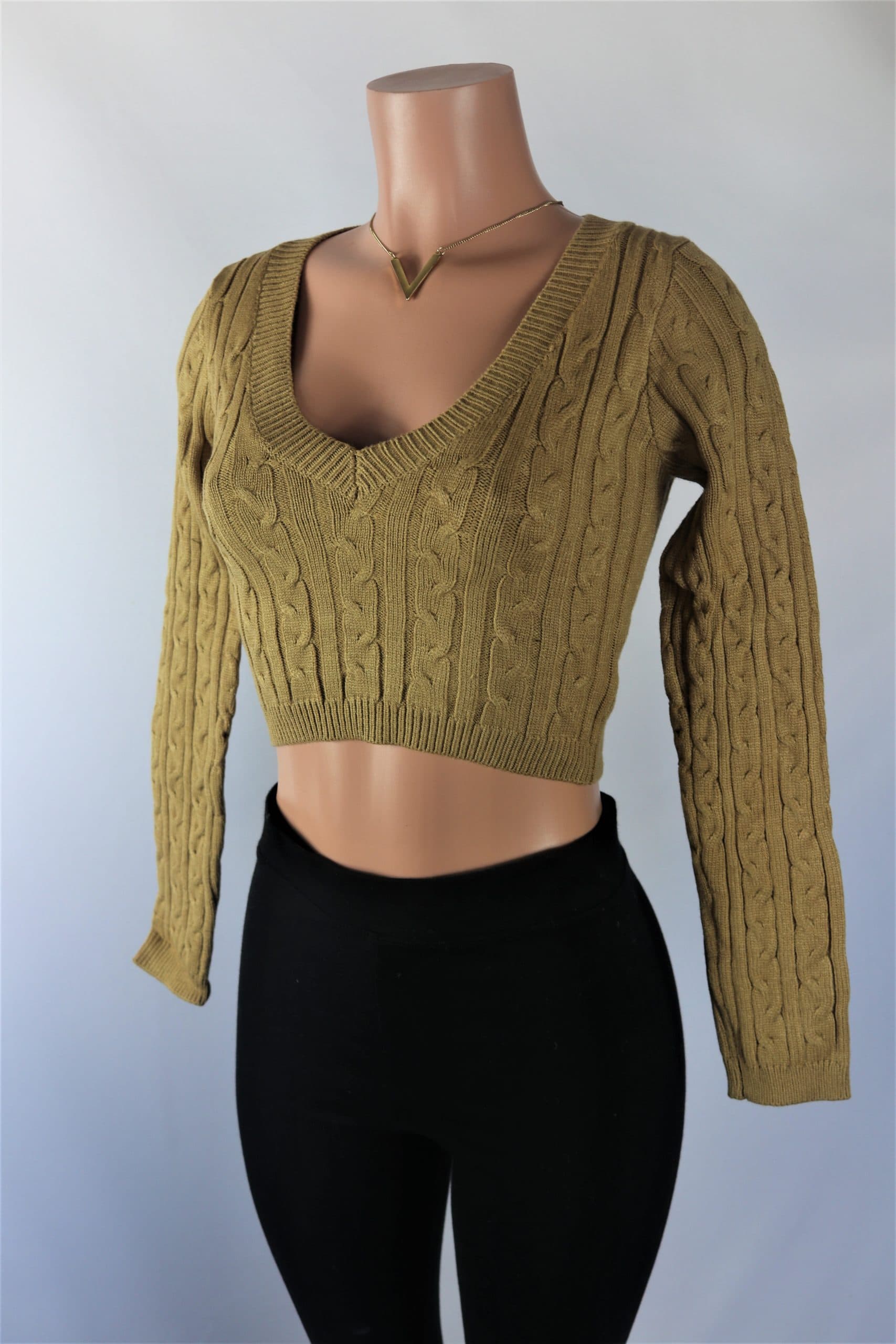 Taupe Crop Top - Taupe ribbed textured long sleeve crop top sweater.