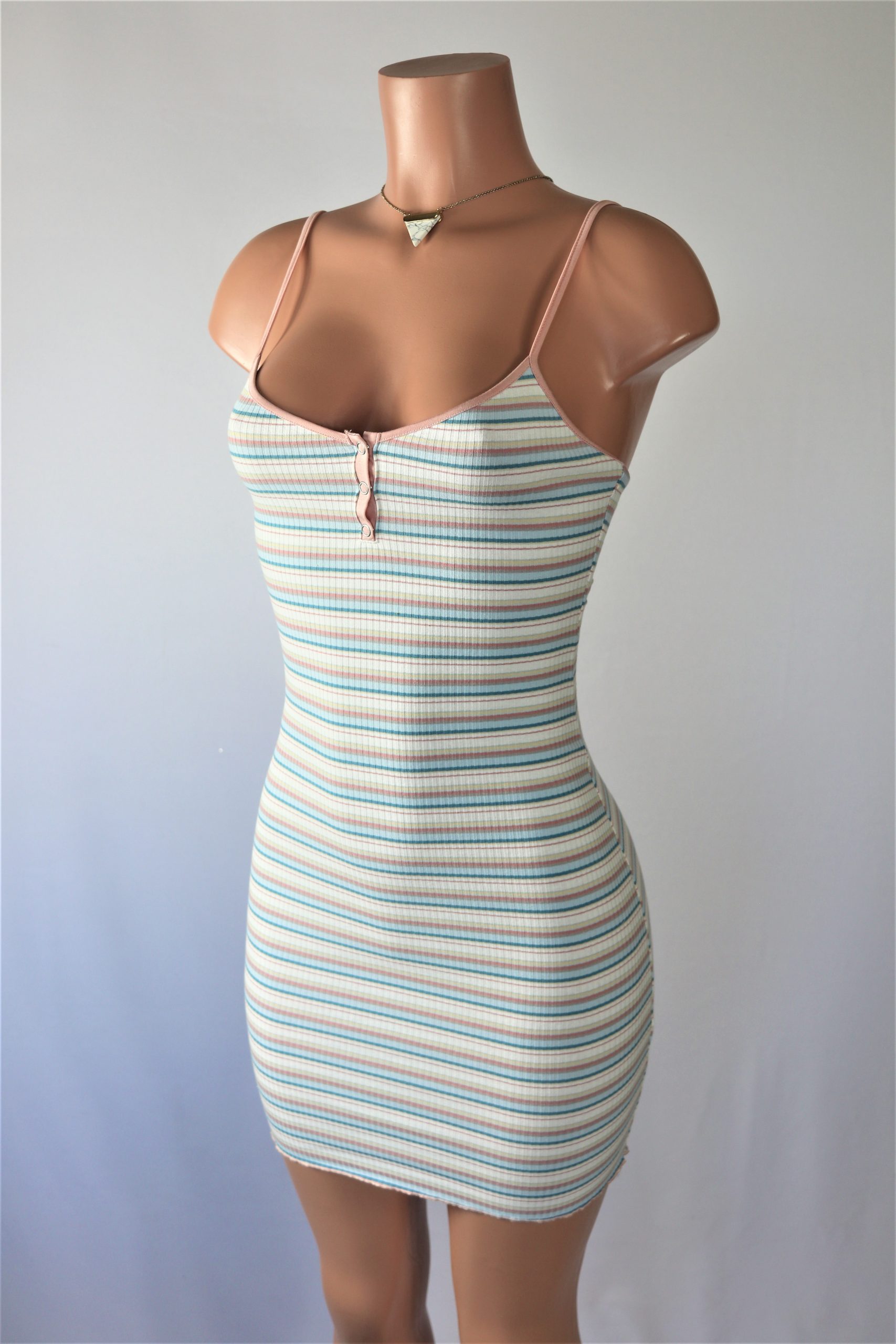 Candy Mini Dress Multi color stripped ribbed square neck mini dress.