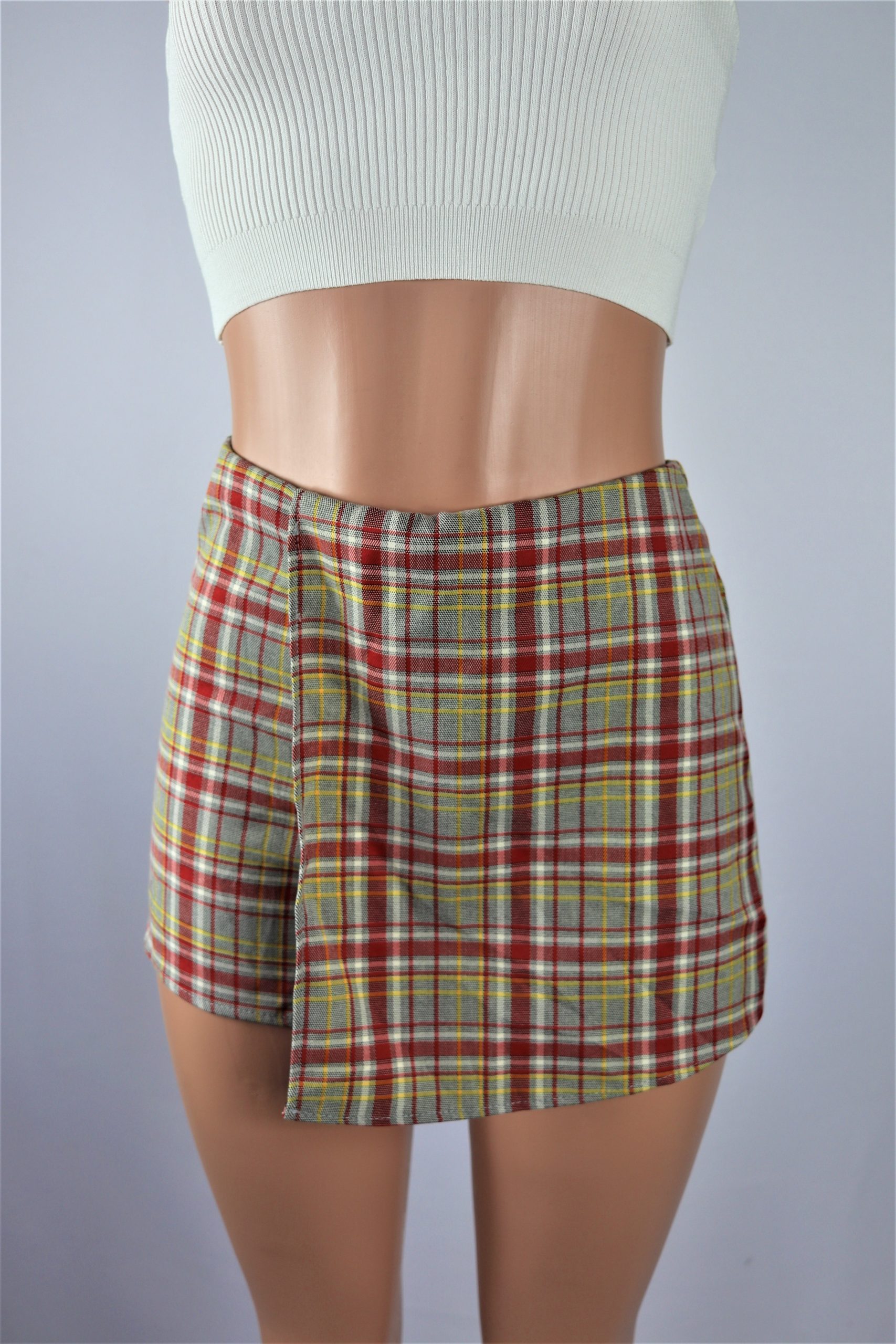 Plaid Skort High waisted irregular red yellow plaid skort.