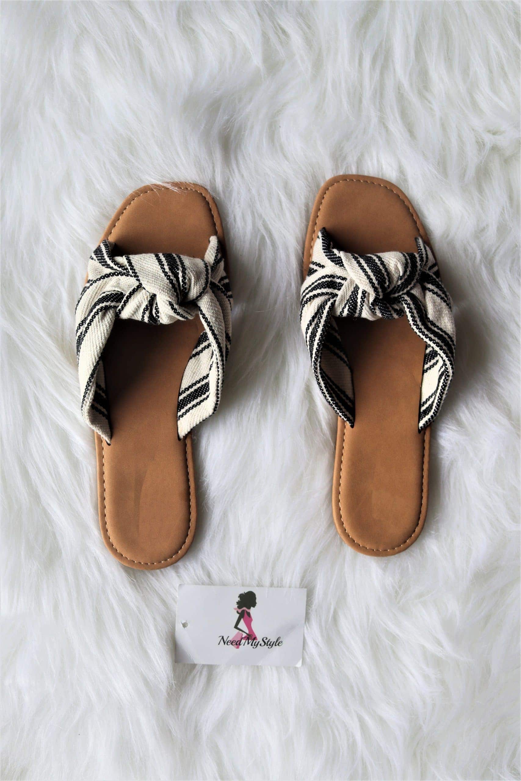 Knotted Sandals Bow accent low heel striped black white sandals.