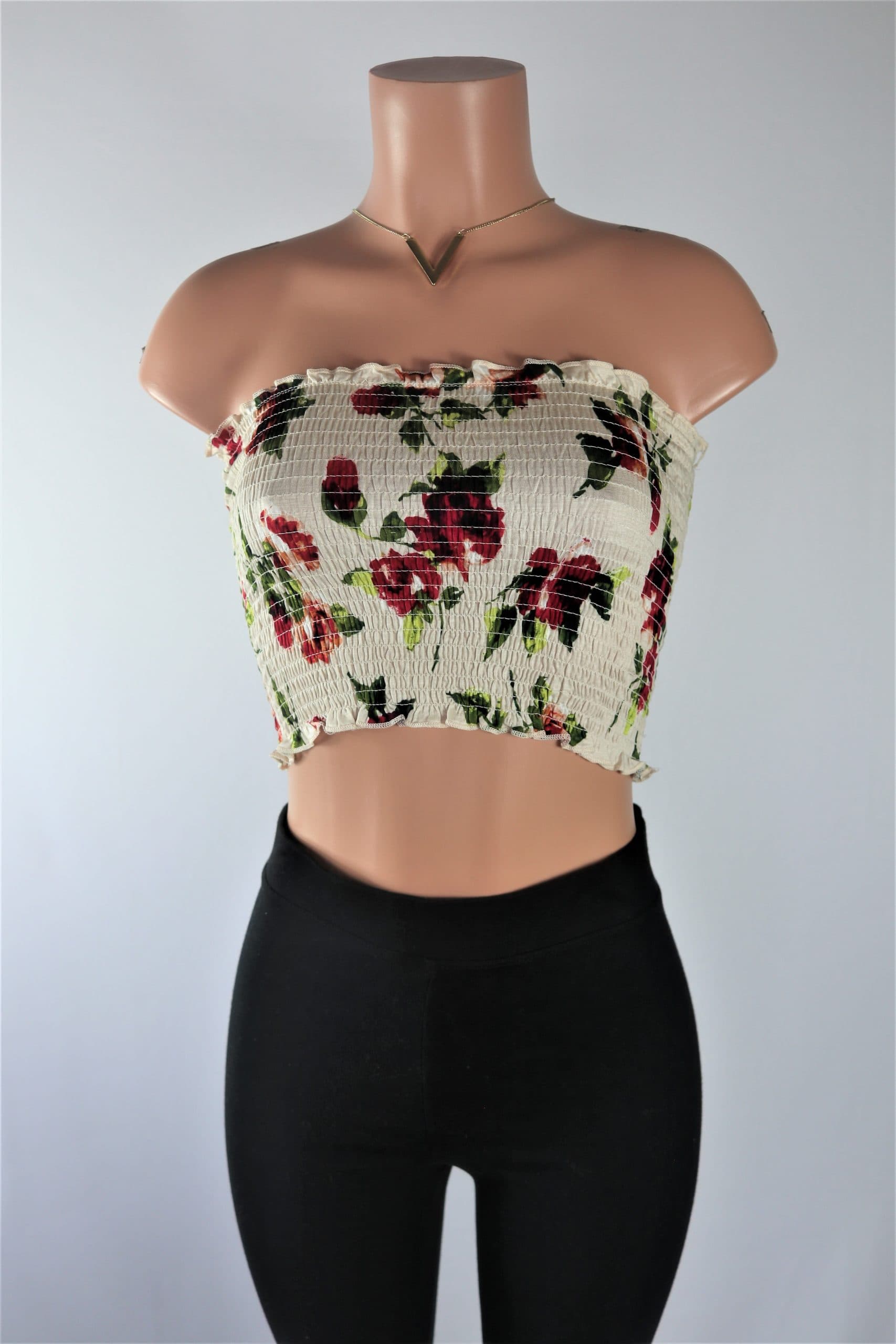 Floral Smocked Tube Crop Top - Taupe Navy Blue sleeveless crop top.