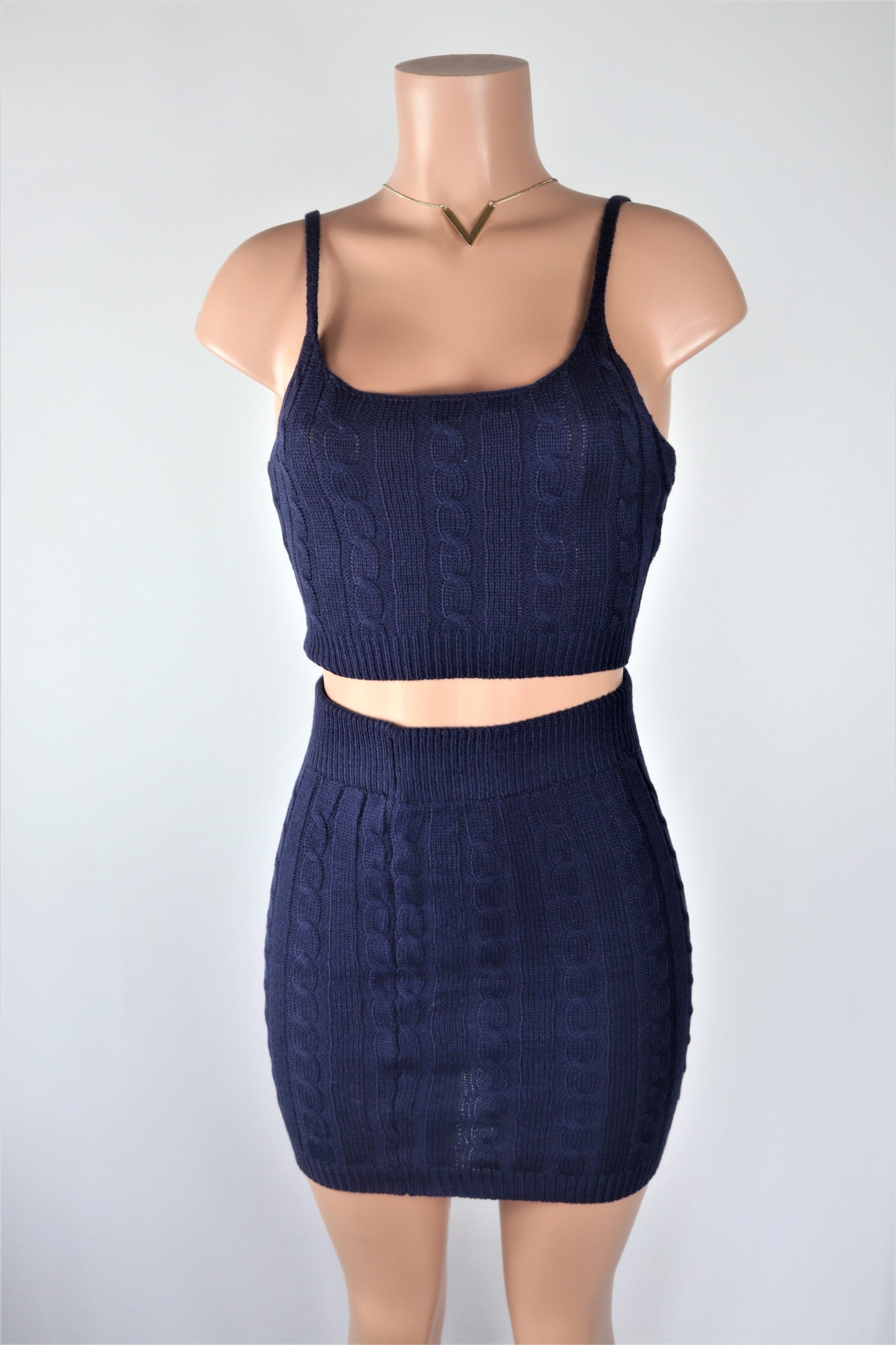 Blue Cable Knit Skirt Set - Navy Blue crop top high waist mini skirt set.