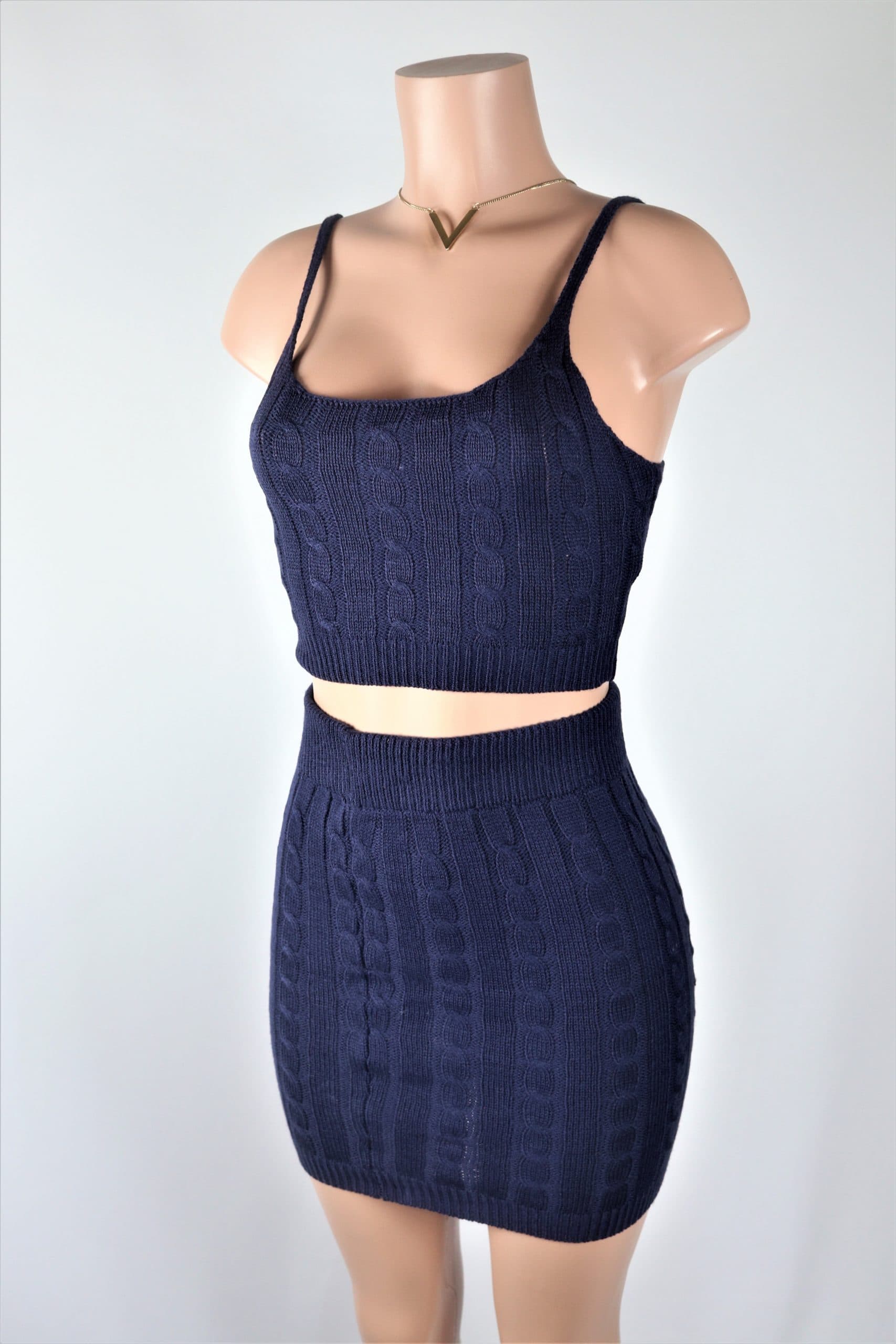 Blue Cable Knit Skirt Set Navy Blue crop top high waist mini skirt set.