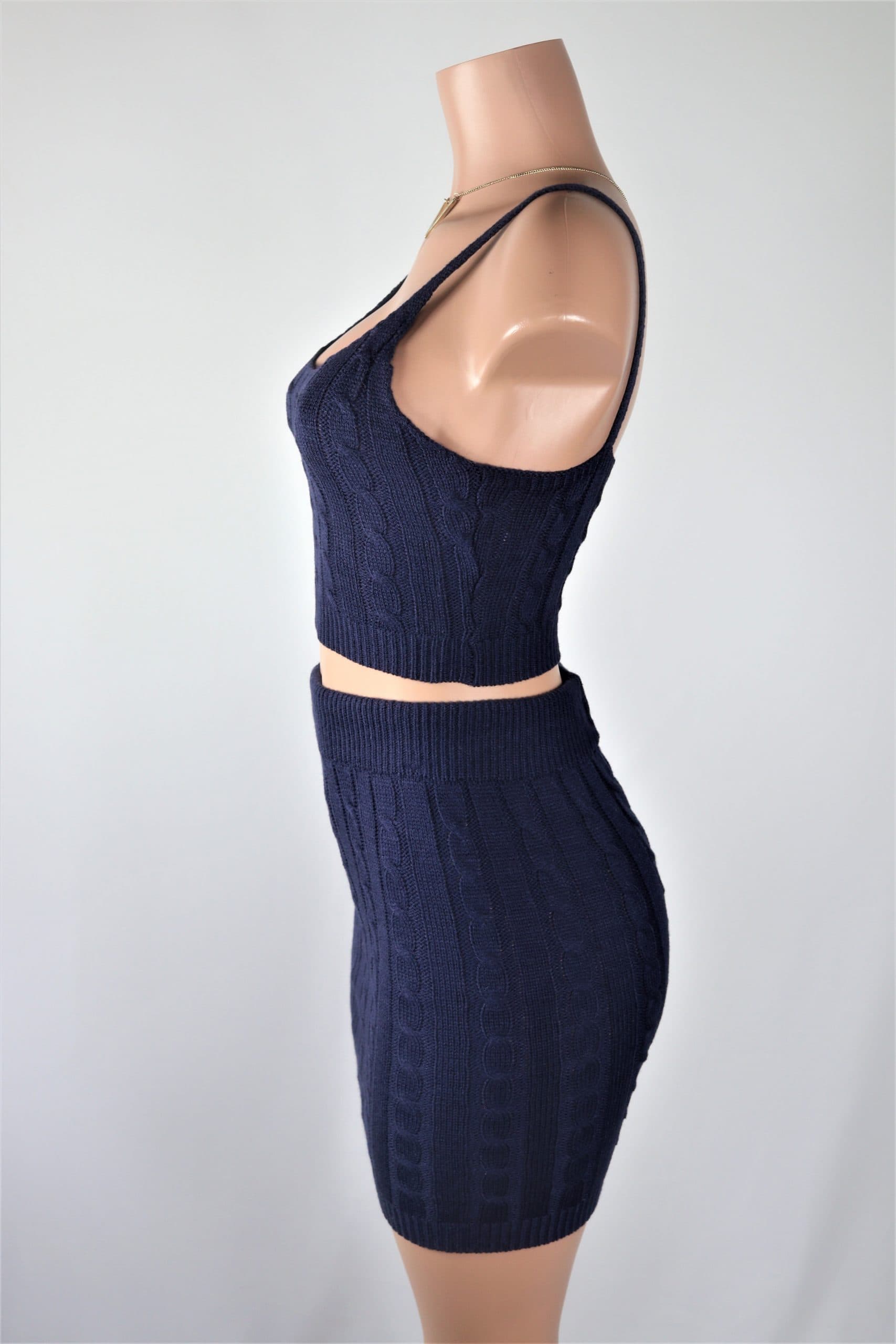 Blue Cable Knit Skirt Set Navy Blue crop top high waist mini skirt set.