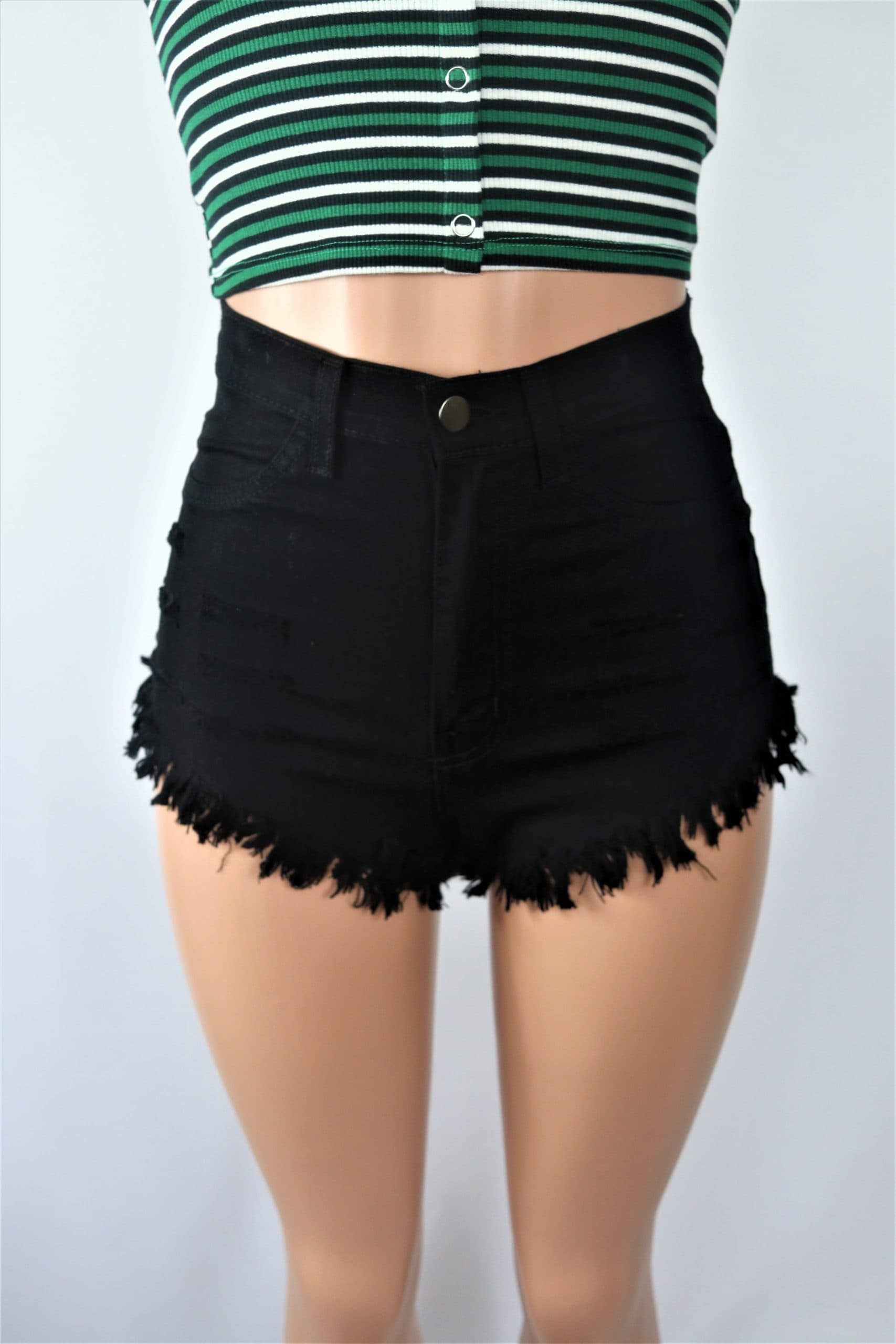 Jerry Ripped Shorts - High waisted black denim ripped shorts.