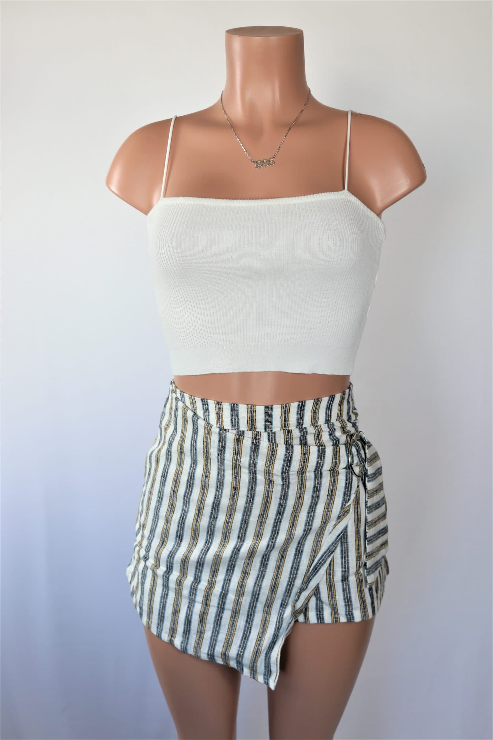 Striped Linen Skort Ivory Black yellow striped high rise belted skort.
