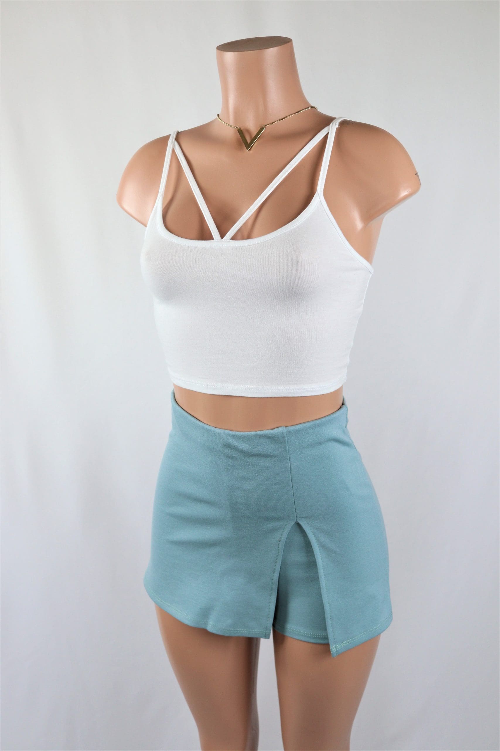 Avalon Skort - High waisted light dark blue skort with slit.