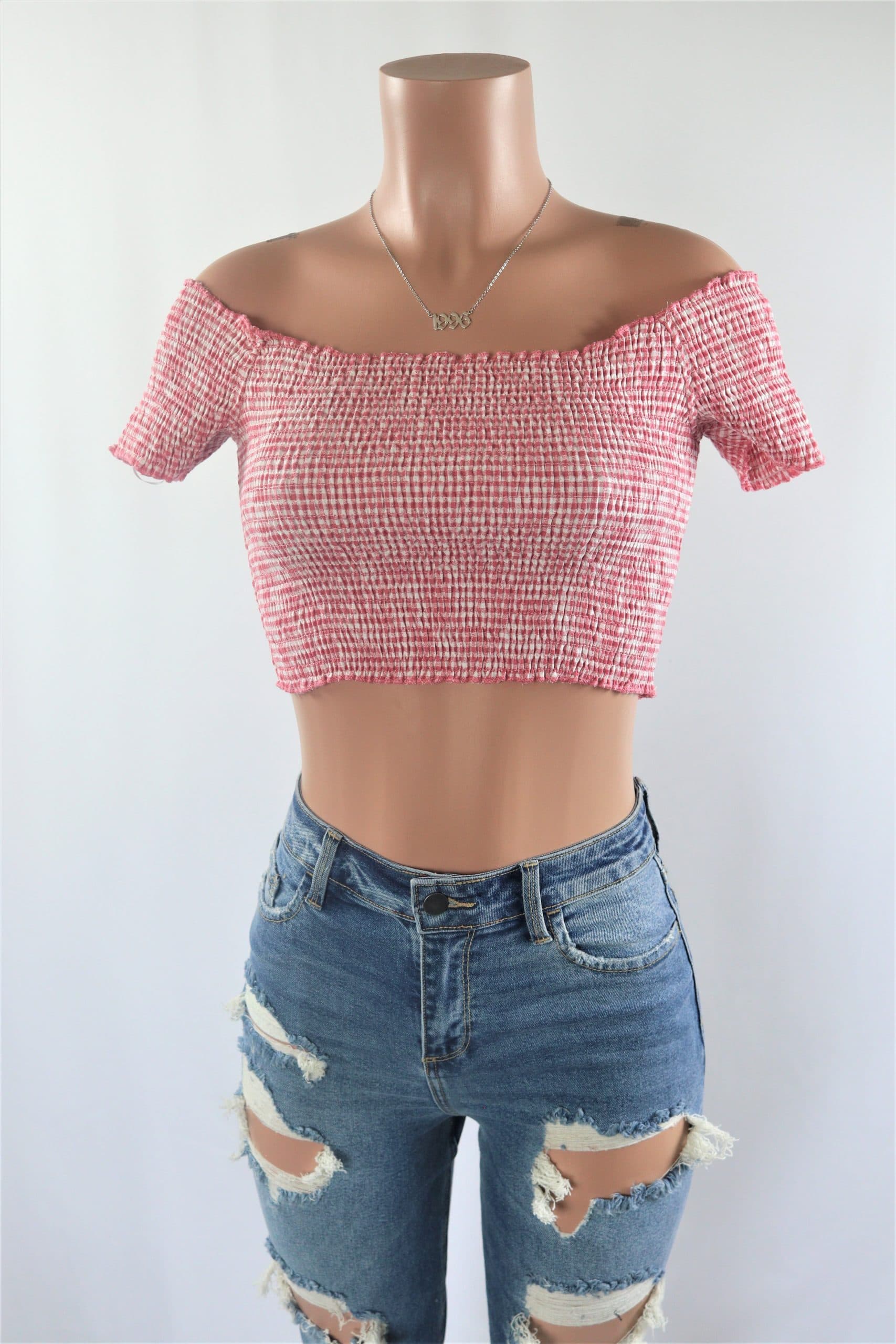 Lizzie Off the Shoulder Crop Top Pink Black smocked stripe crop top.