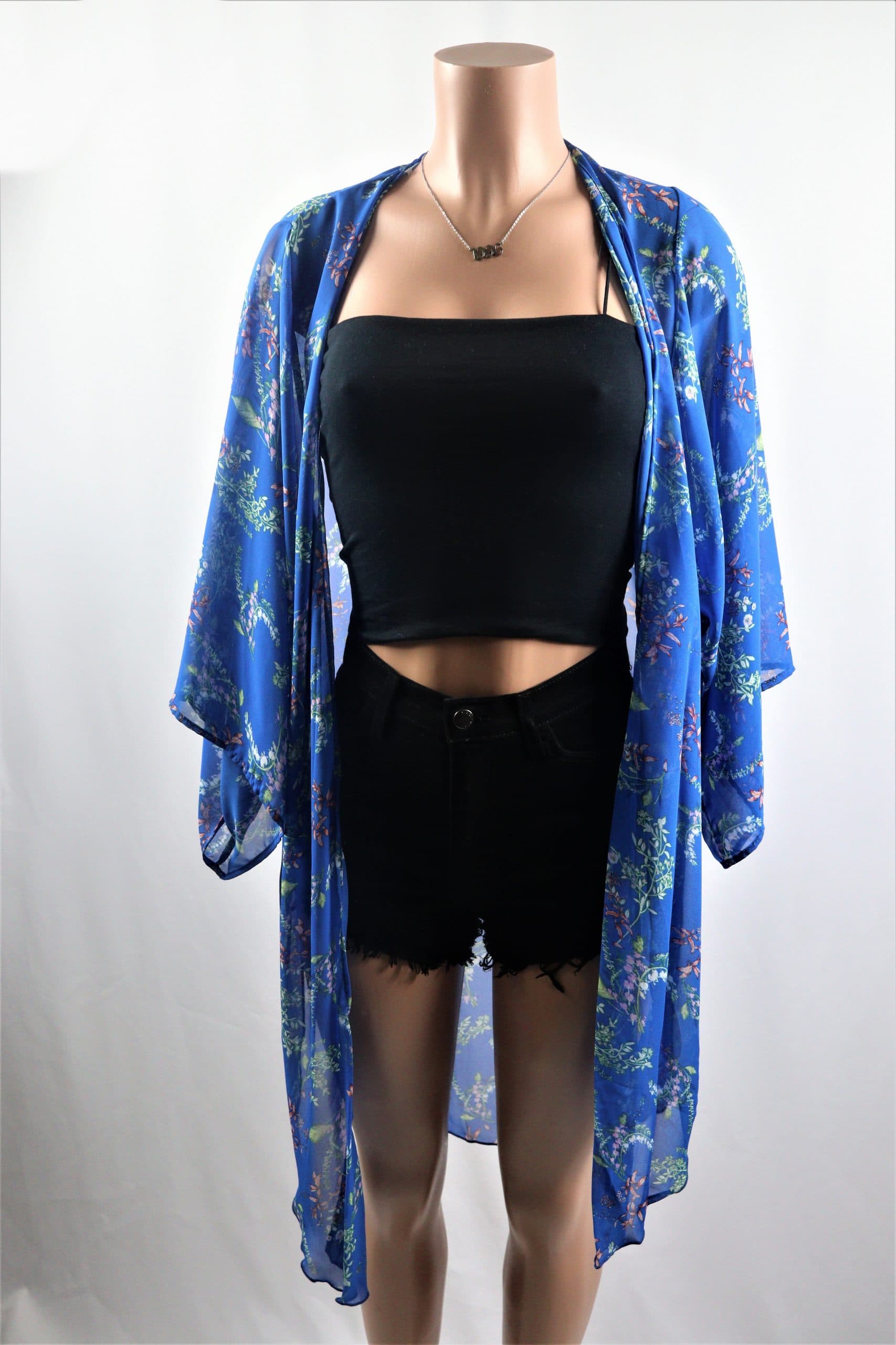 Blue Floral Kimono Half sleeve blue floral see through kimono.