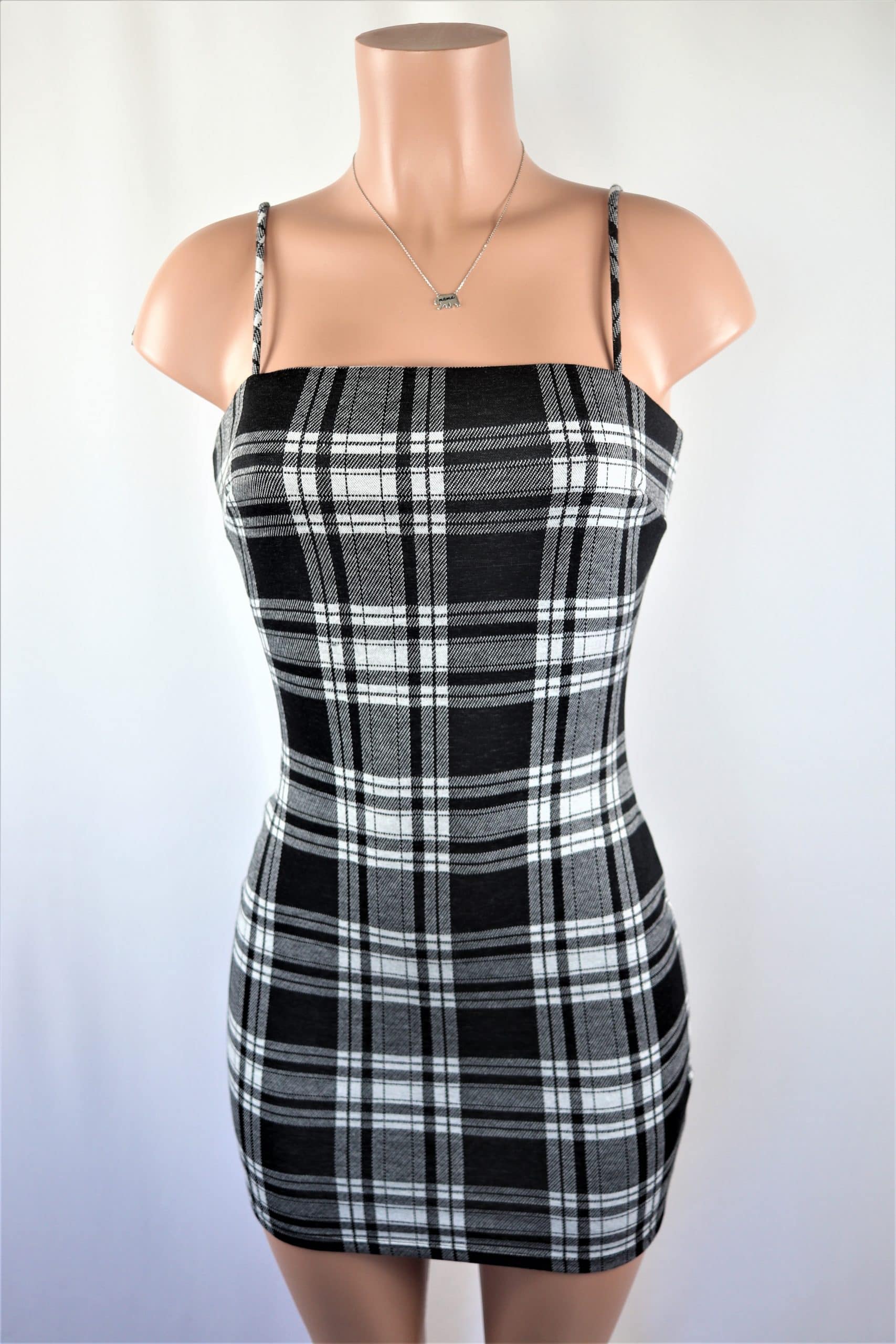 Here for the Plaid Dress - Black white square neck bodycon dress.