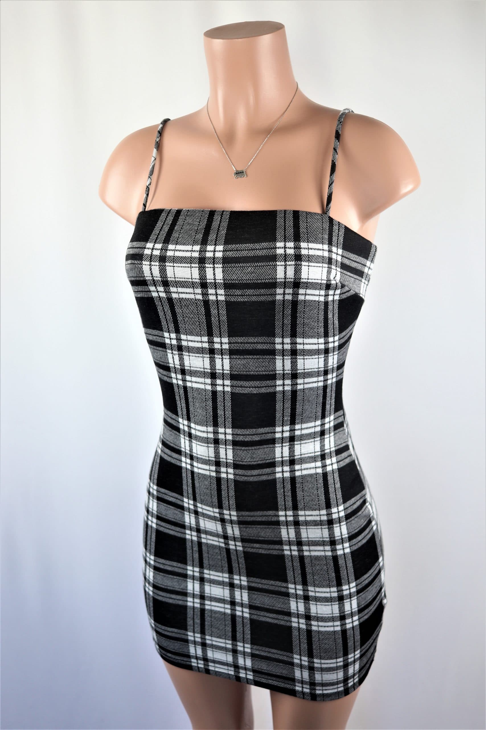 Here for the Plaid Dress - Black white square neck bodycon dress.