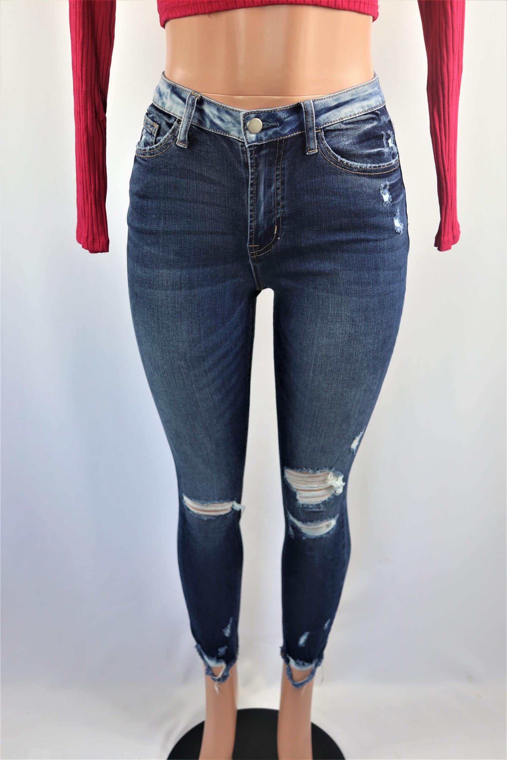 Tarik Ankle Jeans - Dark wash high waist ripped skinny faded ankle jeans.