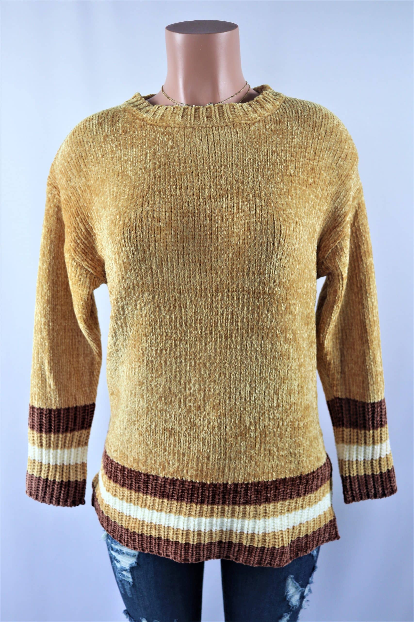 Camel Stripe Sweater - Multi color stripe long sleeve chenille sweater top.