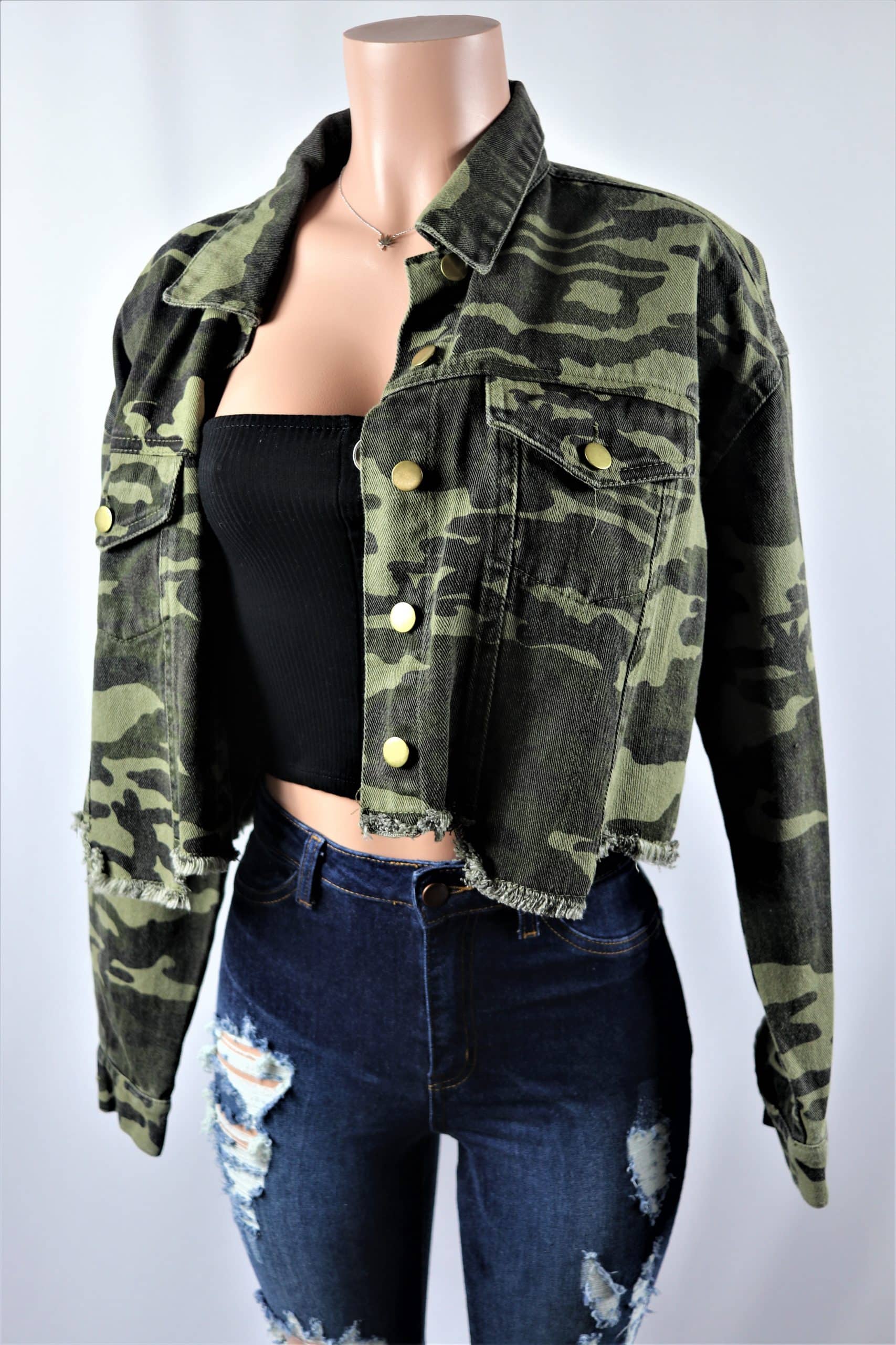 Olive Camo Crop Jacket - Button Up Camouflage crop collared jacket.