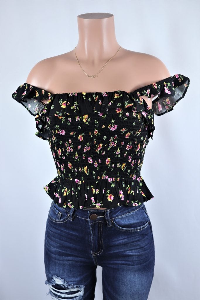 Florence Crop Top - Black multi color floral off the shoulder crop top.