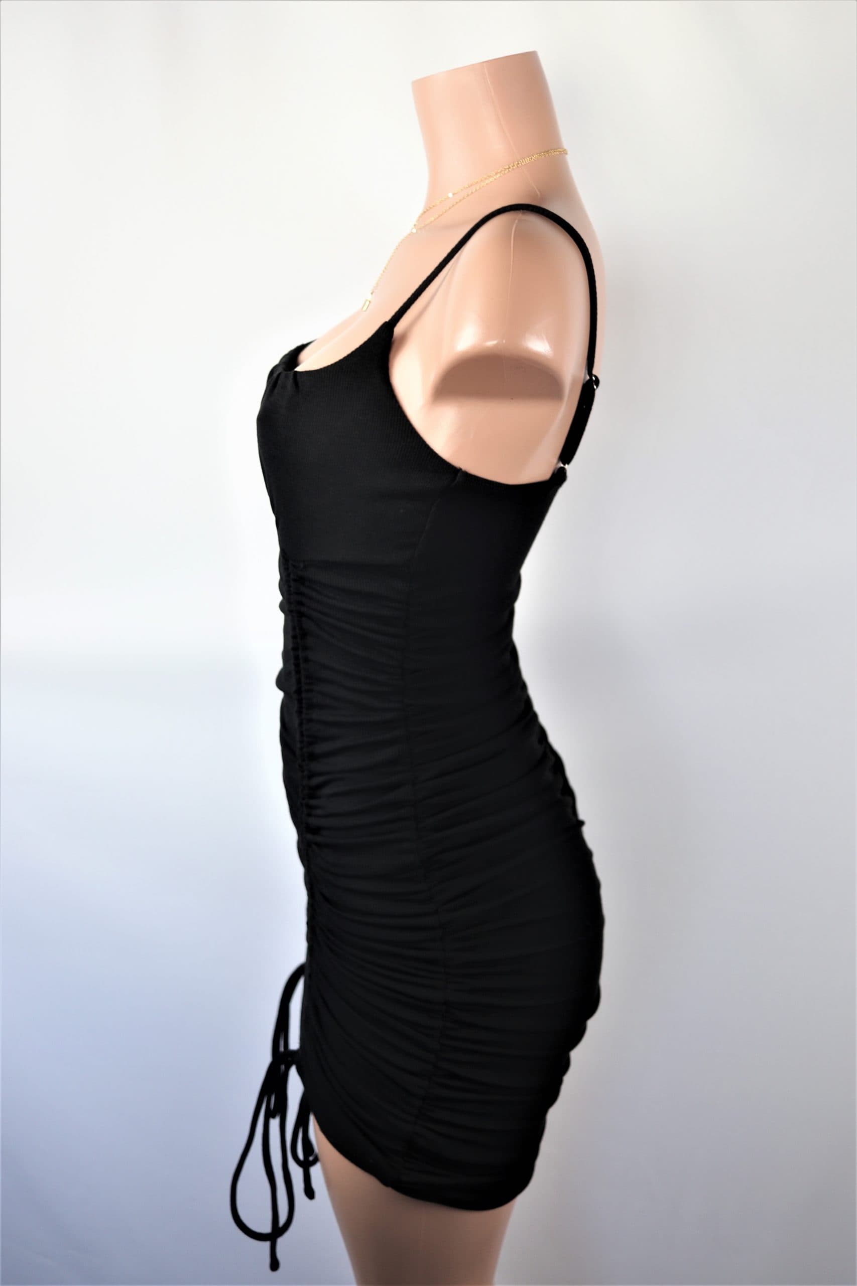 Met My Match Dress - Ribbed ruched shirring mini dress black brown gray.