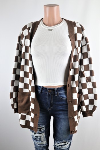 Brown Checkered Cardigan