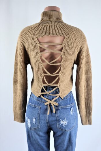 Turtleneck Lace Up Crop Sweater