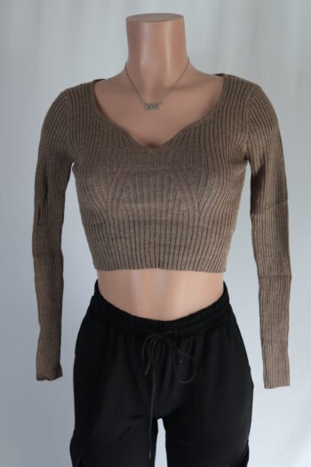 Brown Ribbed Crop Top